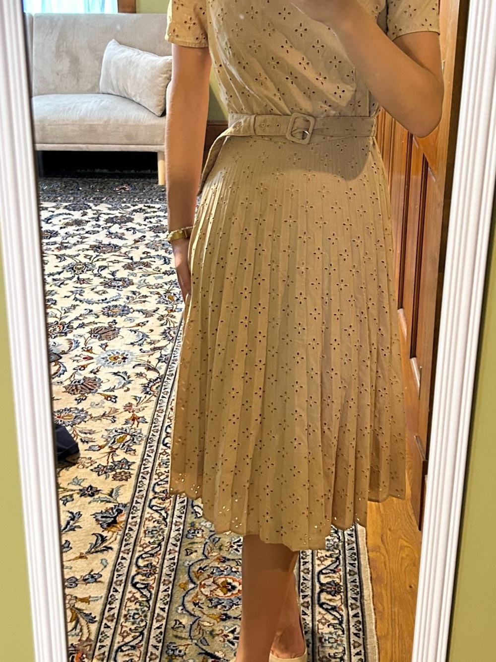 Ann Taylor Mustard Pleated Eyelet Midi Dress - Picture 3 of 10